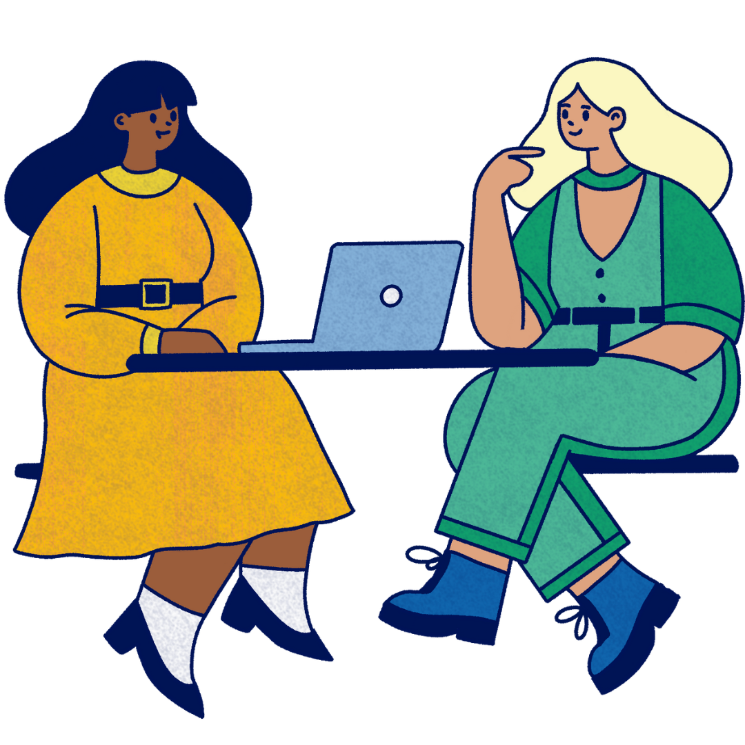 illustration of two people talking with laptop between them