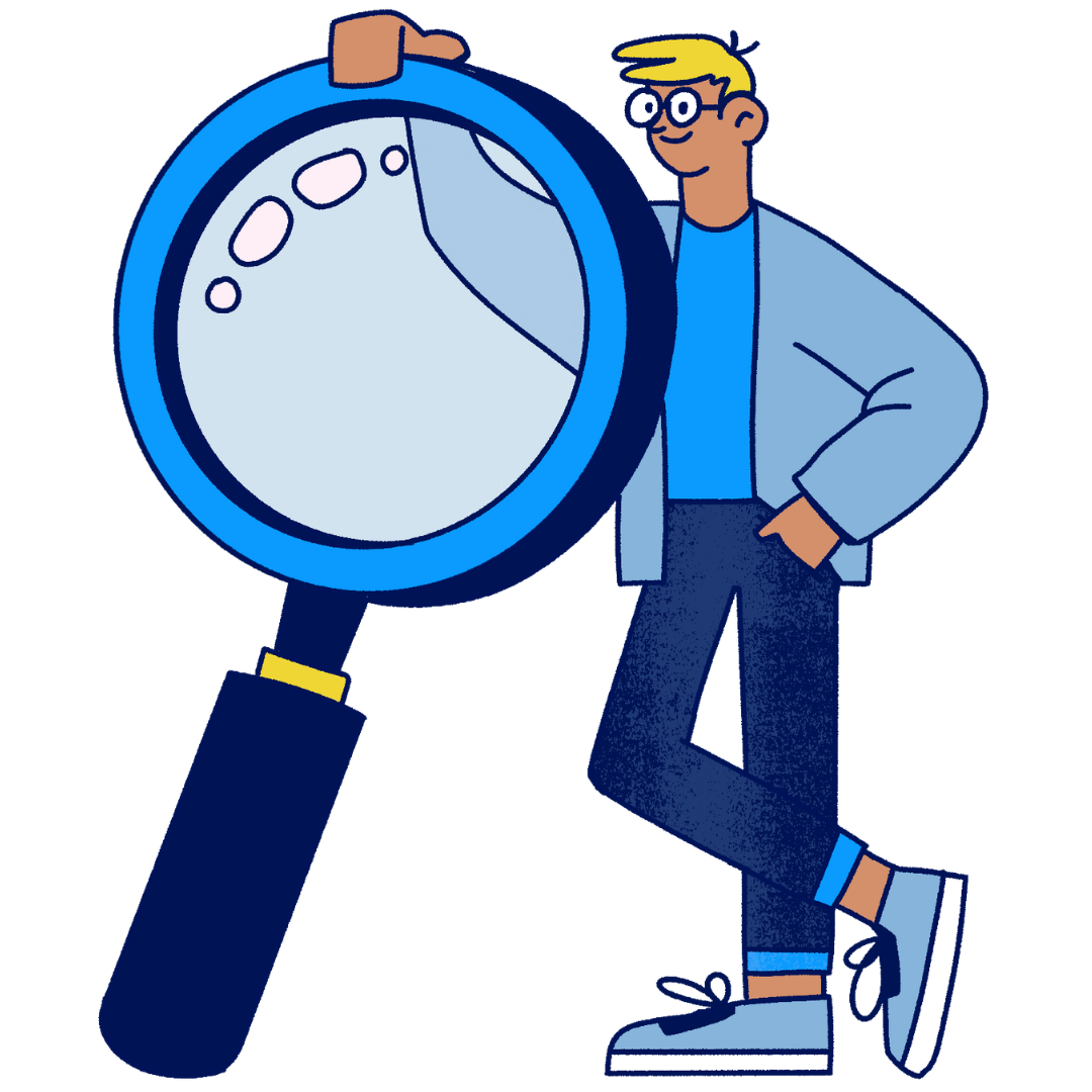 illustration of navigator mascot which is a man leaning against a giant magnifying glass.