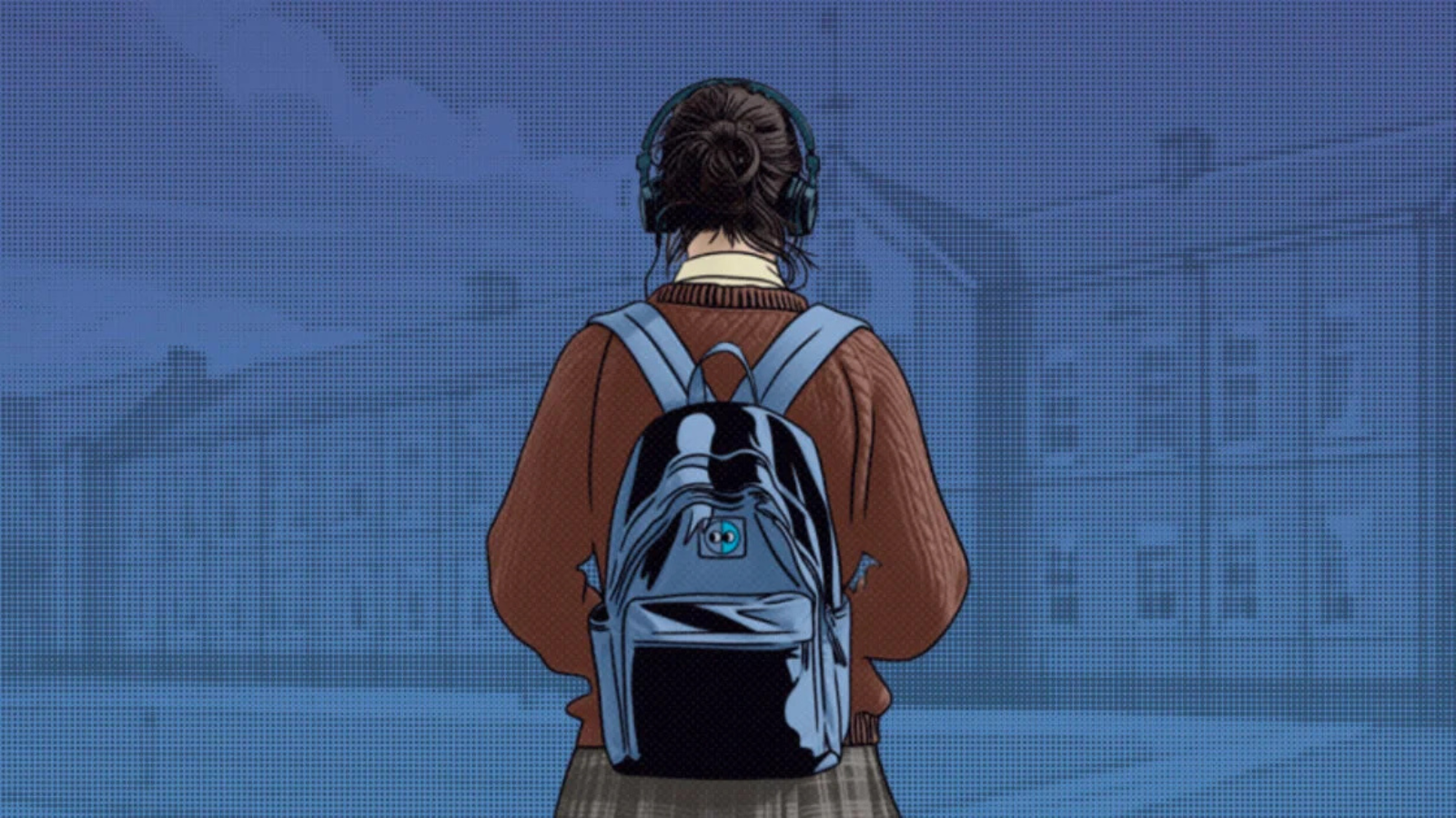 Back of person with blue backpack on looking at a school in front of them