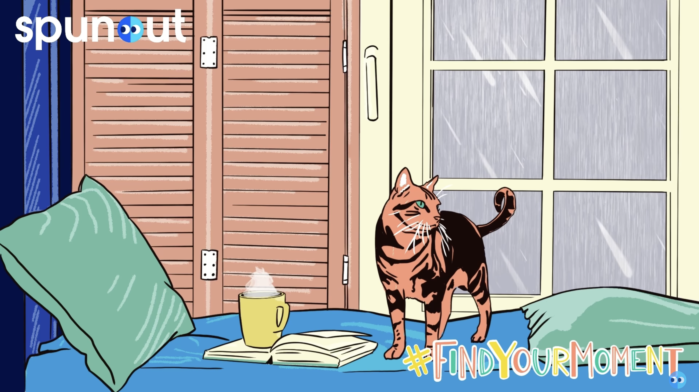 Thumbnail image of a bedroom with a cat standing on a bed next to a steaming mug and an open journal, with a window showing rain outside.