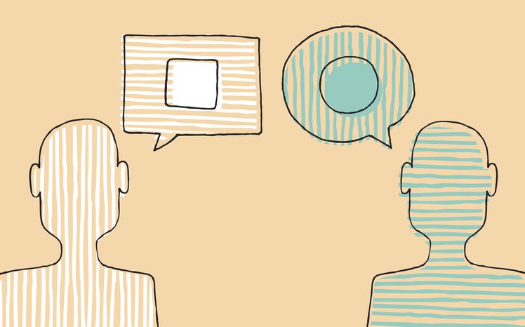 Illustration of two cartoon outlines of people in conversation, with one speech bubble in a circle and the other in a square.