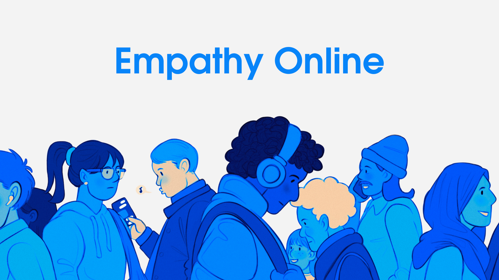 Illustration of people coloured in blue tones walking in different directions with the words