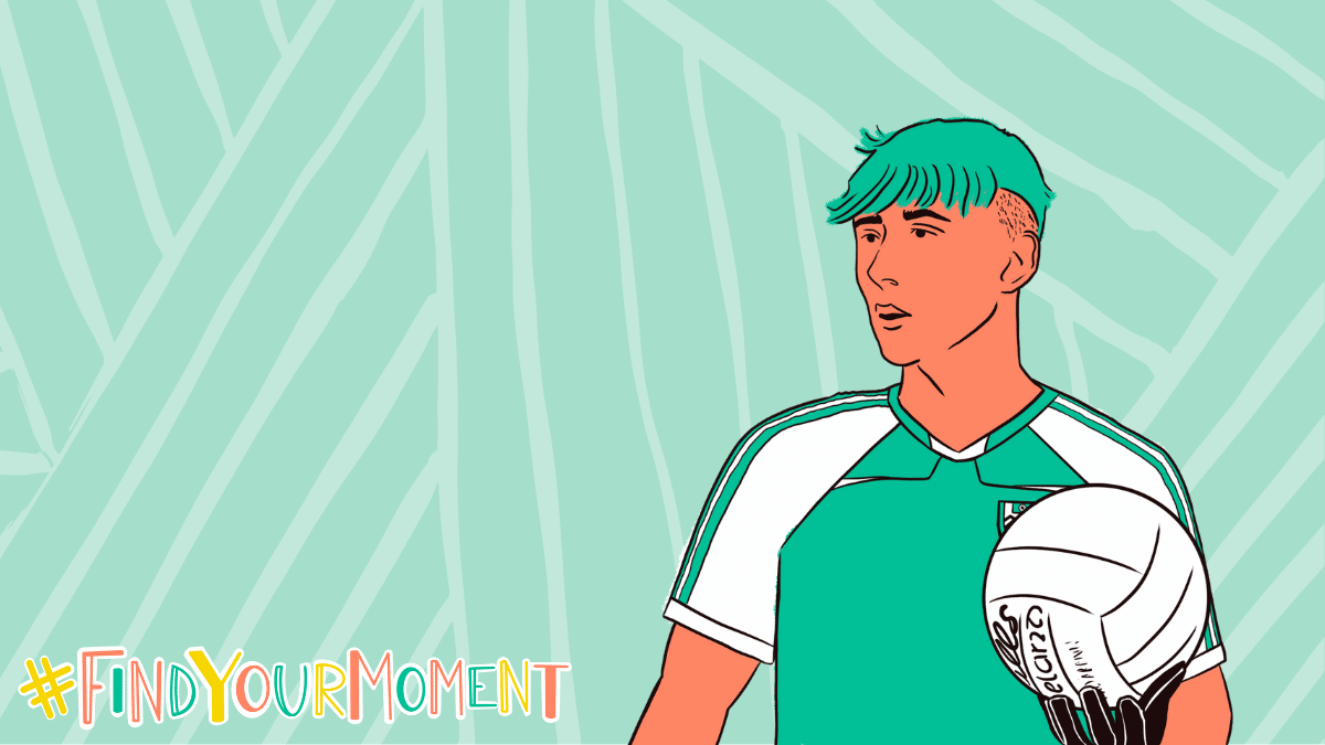 Illustration of a person holding a football in one hand and looking off into the distance, against a green background.