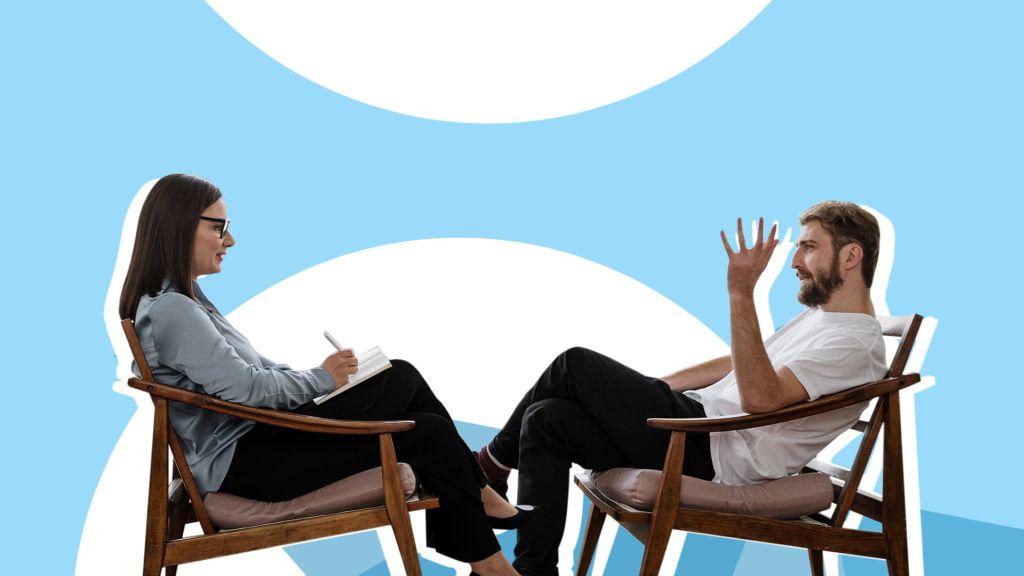 Illustrative image of a person talking to another person on chairs in a circle.