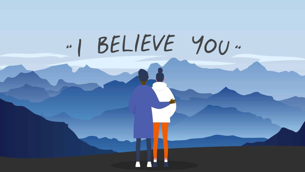 Illustration of two people seen from behind, one with an arm around the other, looking at a hilly landscape below the words: