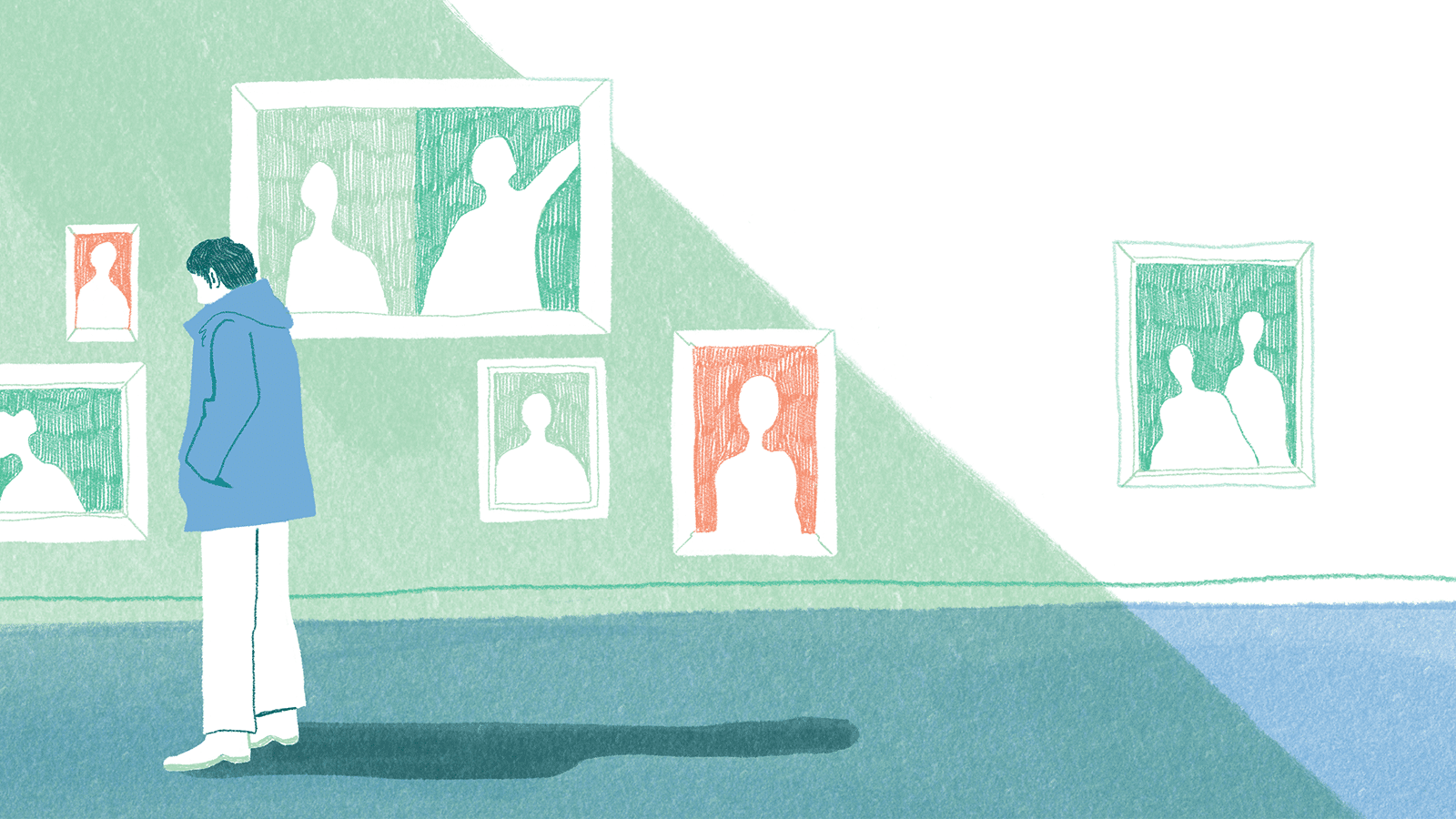 Illustration of a person standing in an art museum.