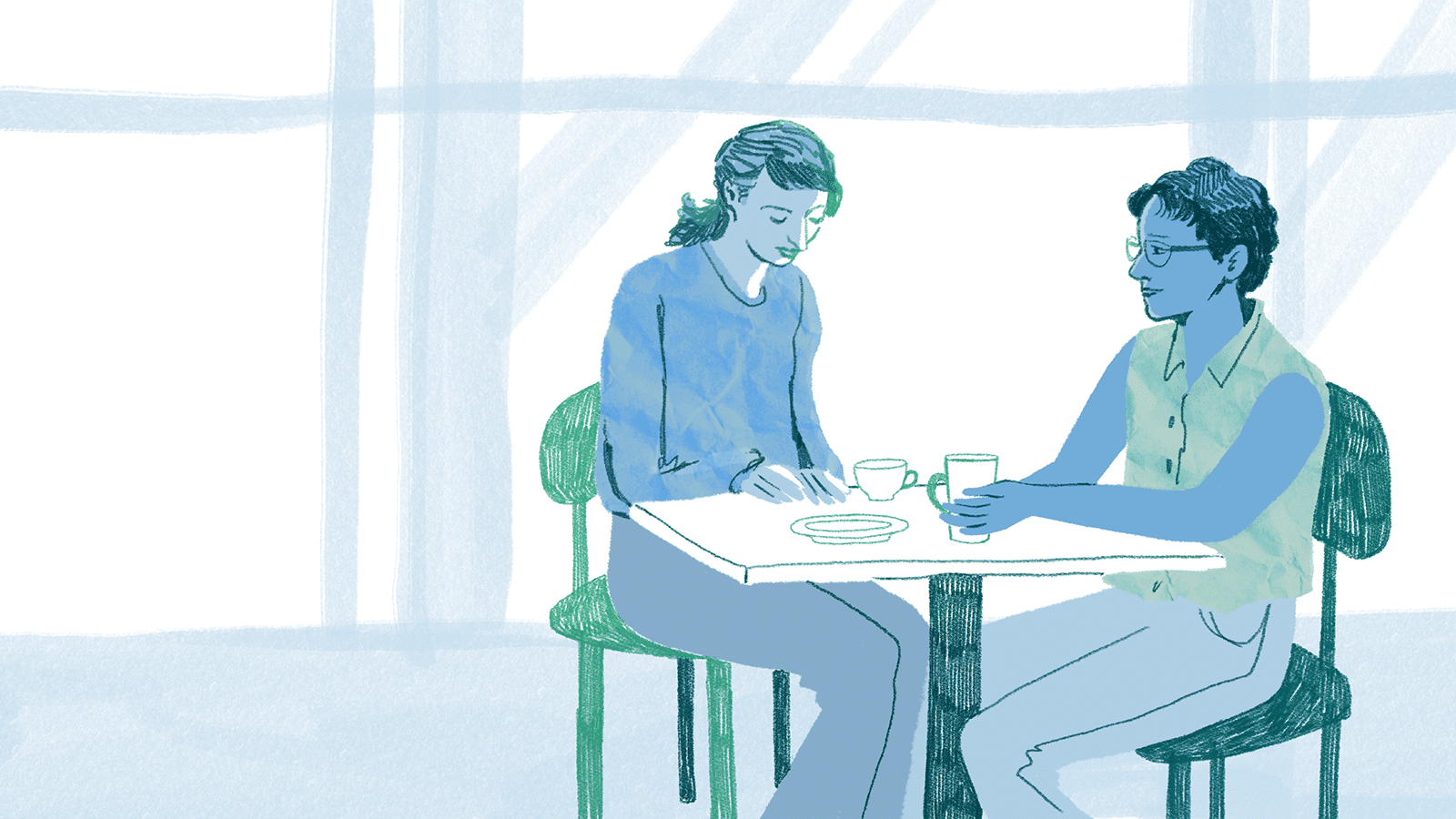 Illustration of two people sitting at a table together and drinking tea.