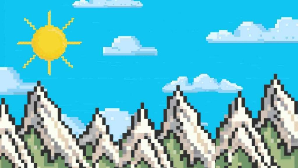 Pixelated illustration of mountains under a bright blue sunny sky.