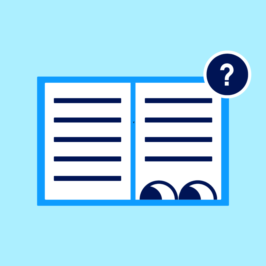 Illustration of a cartoon book with a blue outline, a question mark in the top right corner, and a pair of eyes peeking out from the bottom edge of the book.
