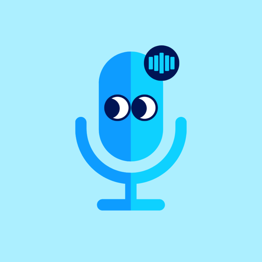 Illustration of a blue cartoon microphone with a pair of eyes on it.