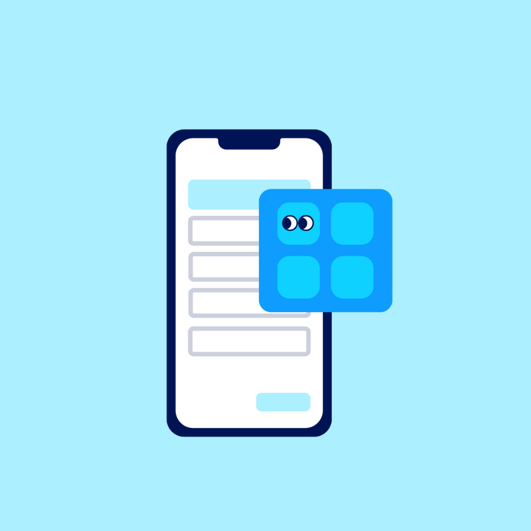 Illustration of a cartoon phone with four blue app icons emerging from the screen, each icon blank except one that features a pair of eyes.