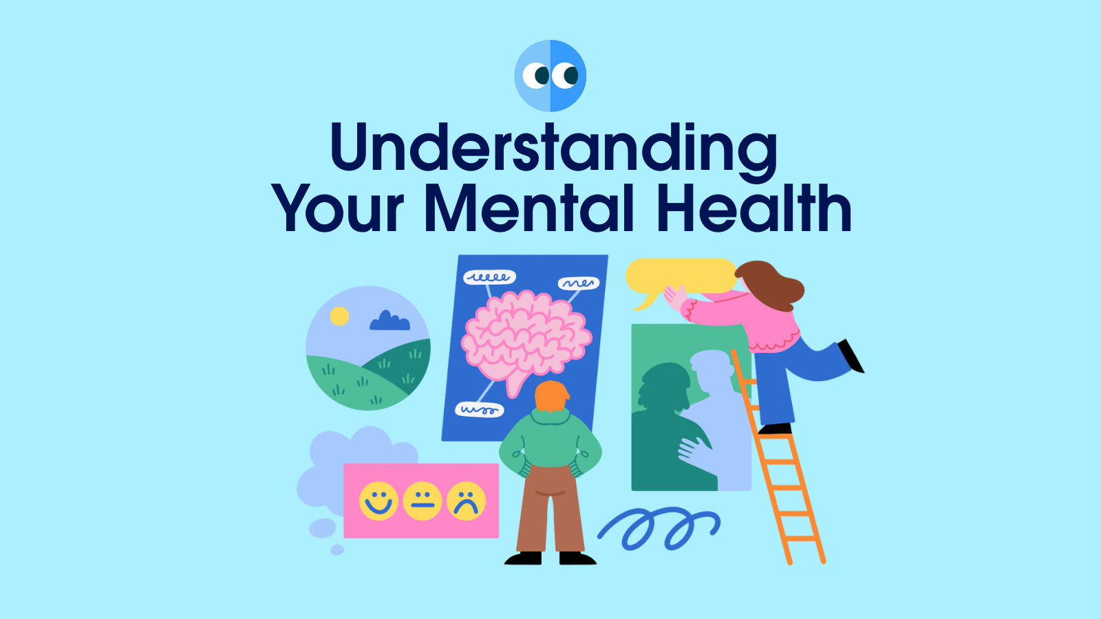 Illustration of two people looking at a wall with a brain and smiley faces with the words