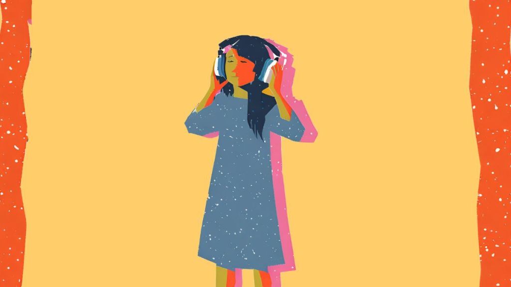 Illustration of a person standing against an orange background, listening to music with hands pressed to headphones.