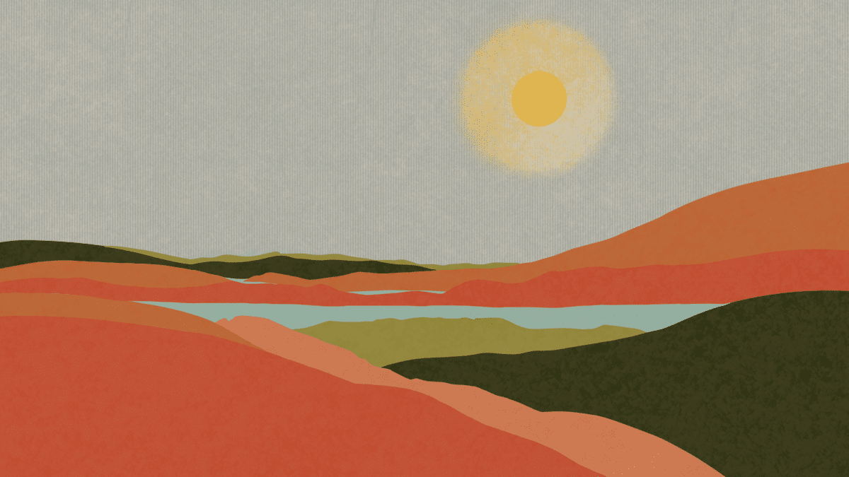 Illustrative image of sun going down in a hilly landscape.