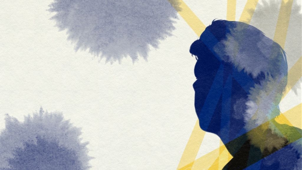 Illustration of a person's head looking into the distance, set against a pale background with dark abstract shapes.