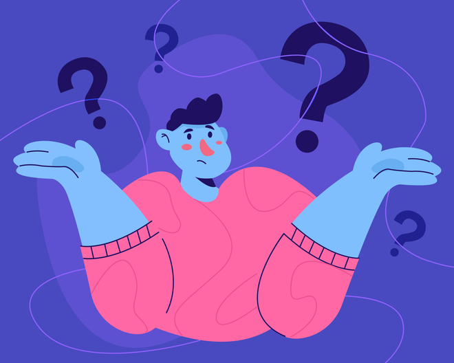 Illustration of a cartoon figure shrugging and looking confused, with question marks above their head.