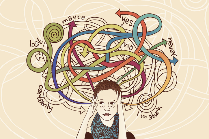 Illustration of an anxious person with many windy arrows above their head pointing to the words