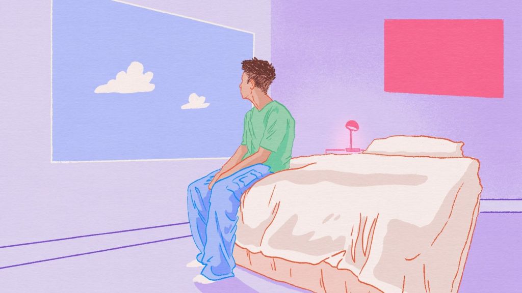 Illustration of a person sitting on a bed and looking out at the sky through a window.
