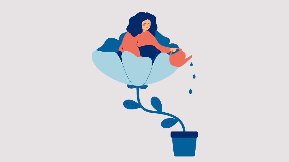 Illustration of a person sitting in a flower, watering the soil the flower is planted in with a watering can.