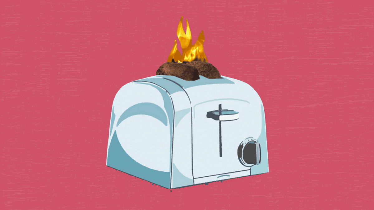 Illustration of a toaster with burnt toast and flames coming out the top.