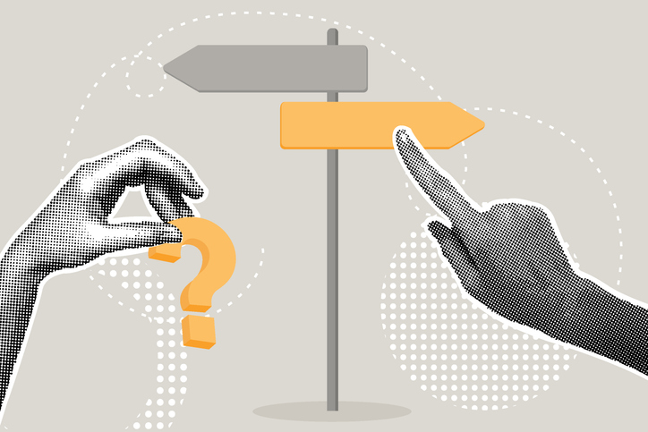 Illustration of a hand holding a question mark and another hand pointing in one of two opposing directions.
