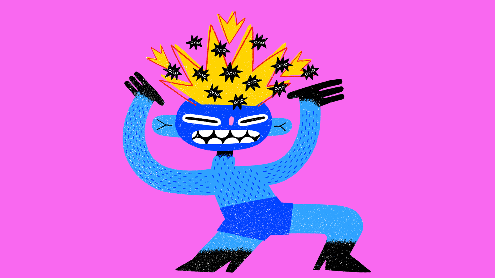 Illustration of a blue cartoon figure with arms raised and a yellow crown of black sad-faced stars on their head.