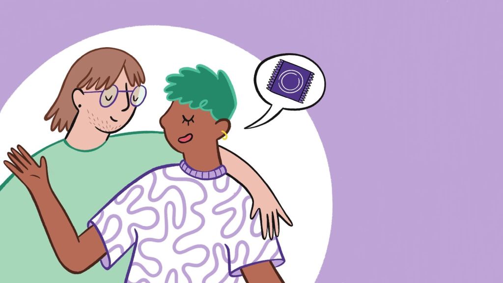Illustration of two figures conversing, one with an arm around the other, and the second figure's speech bubble containing a condom.