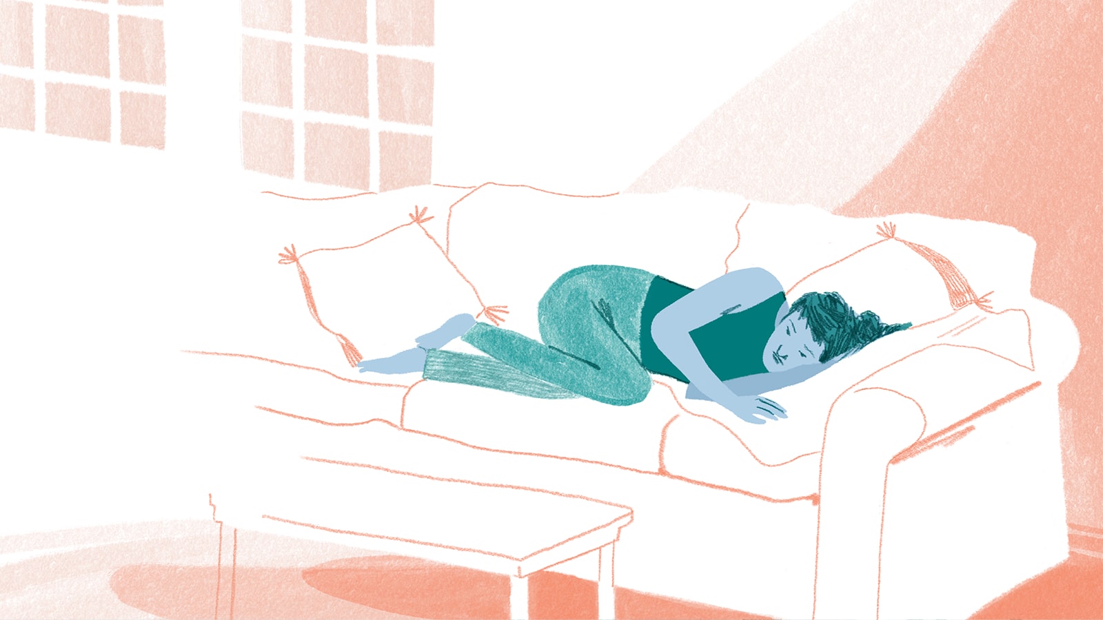 Illustration of a person lying on a couch with a sad expression.