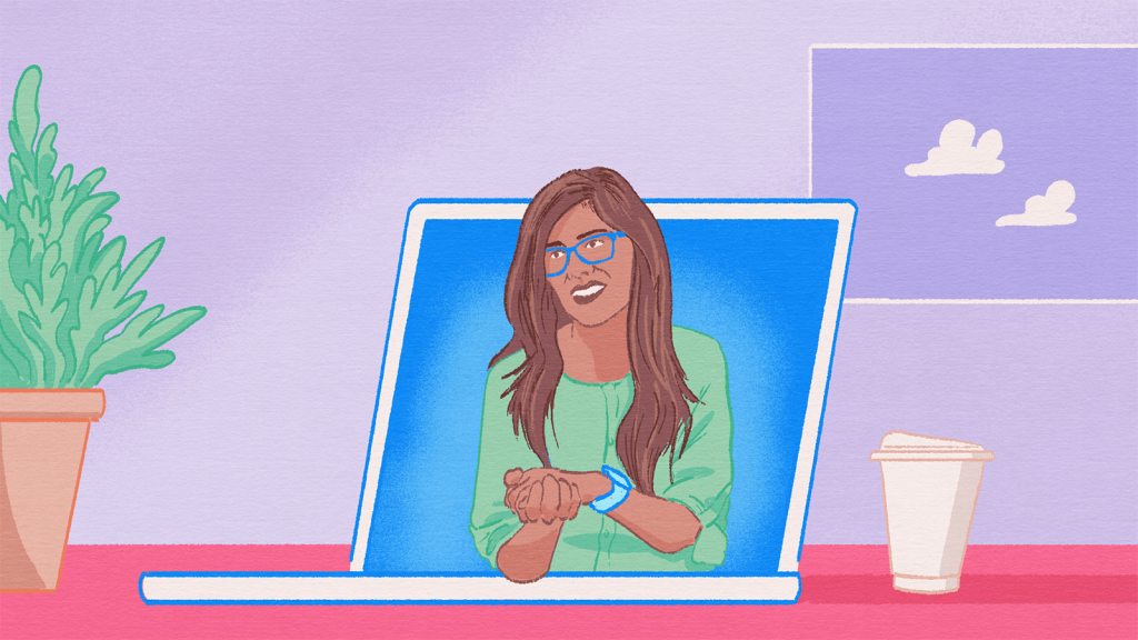 Illustration of a person emerging from a laptop screen with hands clasped.