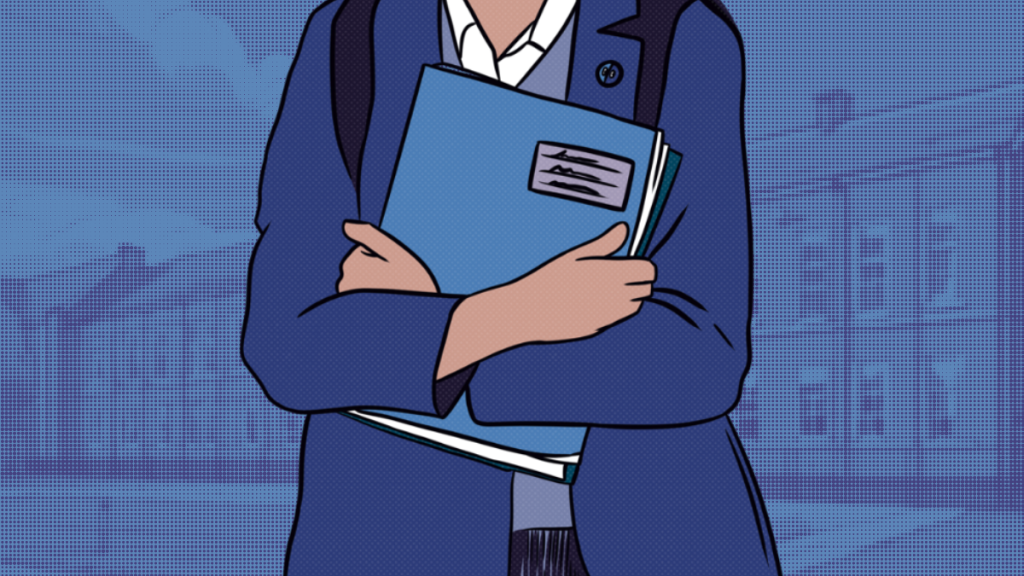 Illustration of a person in a school uniform standing against an urban background, wearing a rucksack and holding a notepad to their chest.