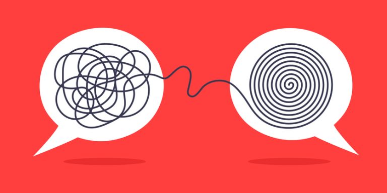 Two speech bubble illustrations, one bubble with messy lines and one with clear lines.