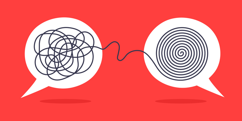 Illustration of two speech bubbles exchanging abstract shapes against a red background.