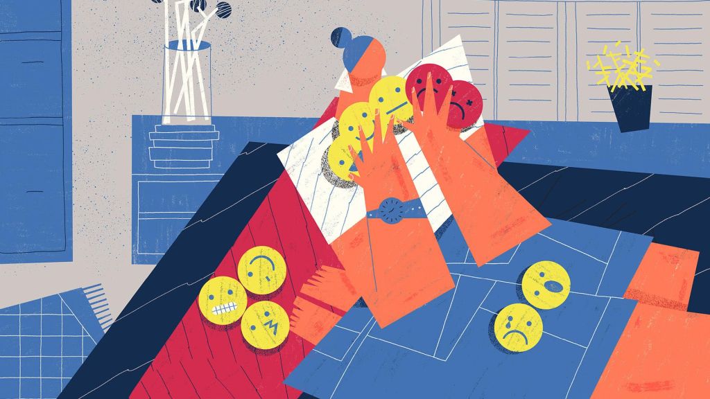 Illustration of a person holding on to many different emoticons, signifying various emotions