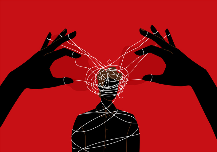 Illustration of hands manipulating strings around the silhouette of a person's head and upper body.