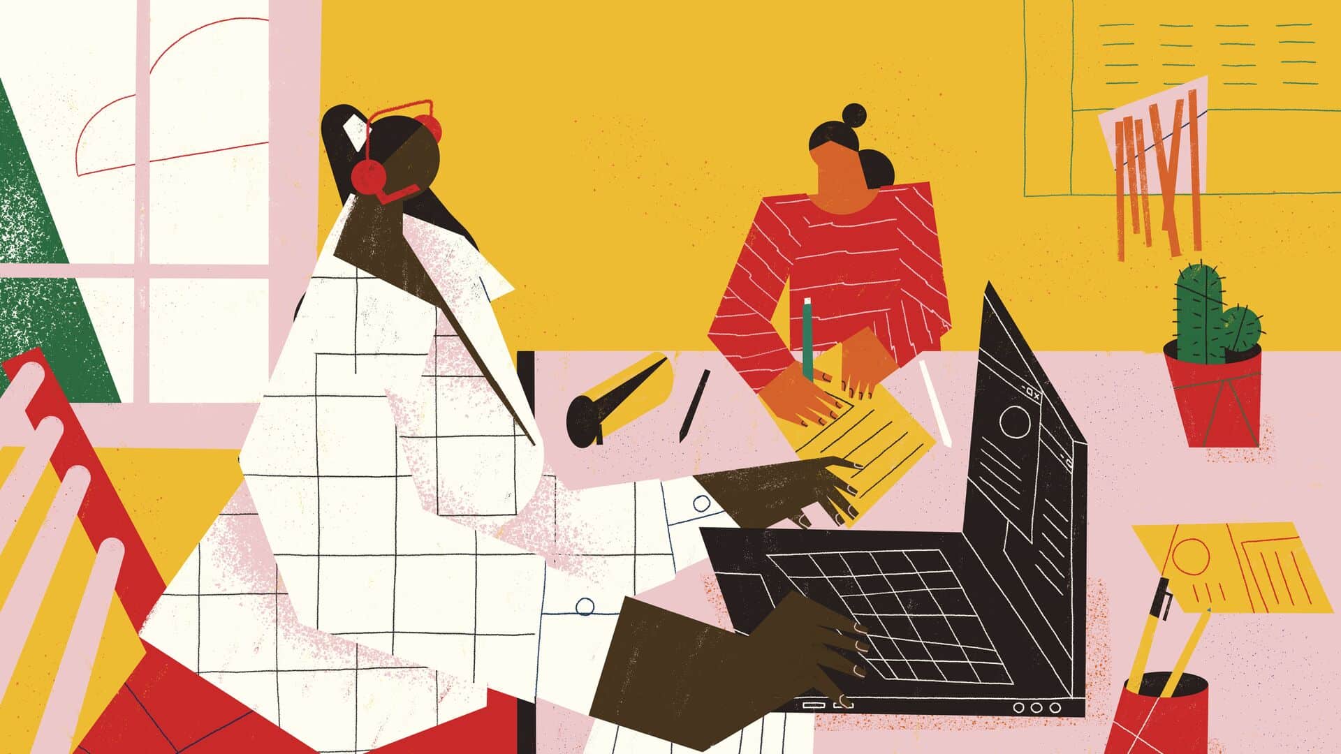 Illustration of two people studying together.