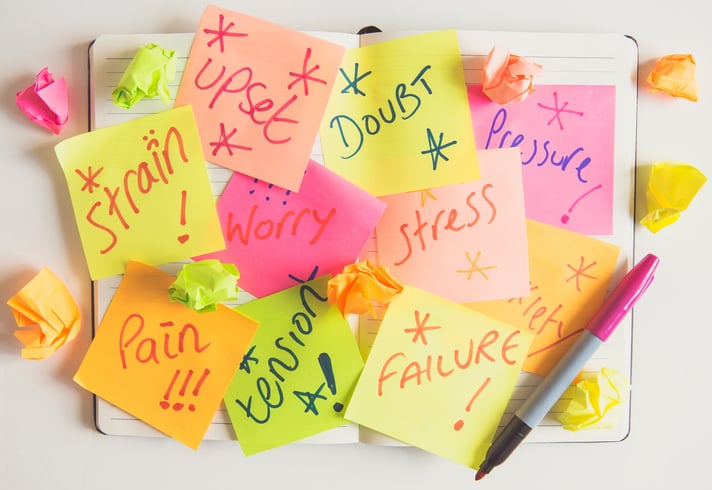Different coloured sticky notes stuck to a notepad, featuring the words