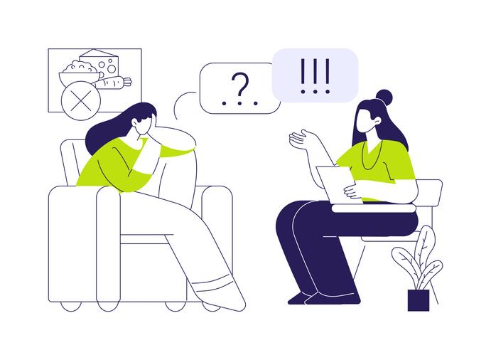 Illustration of two cartoon people sitting and conversing in a cosy therapy office.