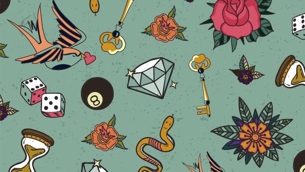 Illustration of miscellaneous objects, including dice and keys, against a green background.