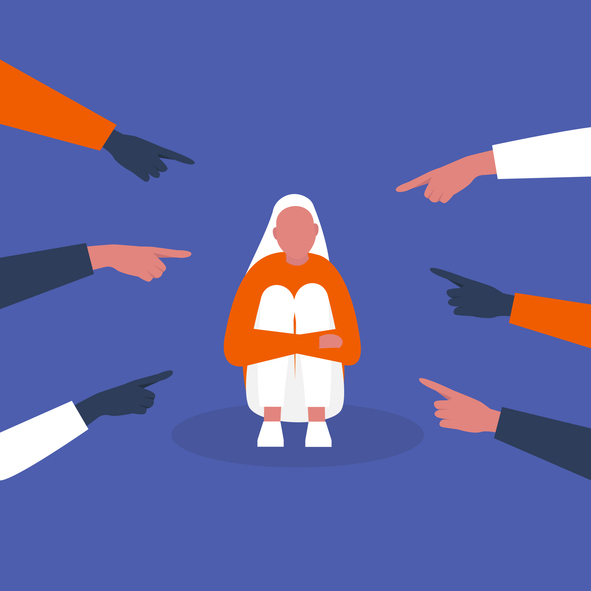 Illustrative image of a person hugging their knees with lots of hands pointing at them.