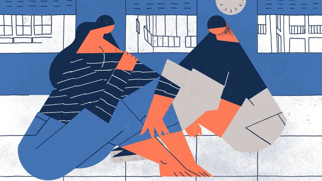 Illustration of two people sitting side by side and hugging their knees.