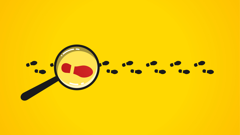 Flat illustration of magnifying glass and footprints.