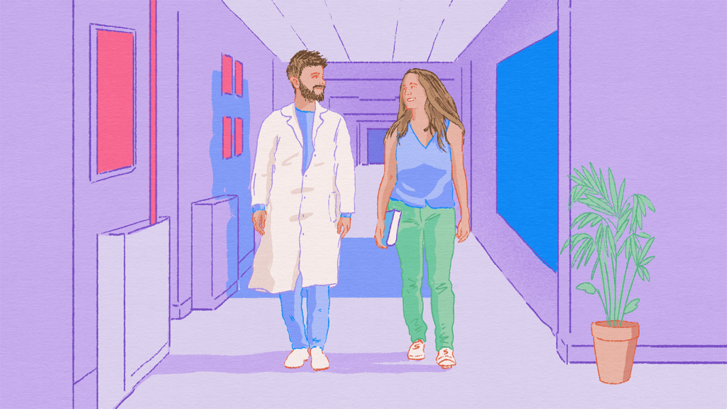 Illustration of two people, one in a white coat, smiling at each other as they walk along a corridor.