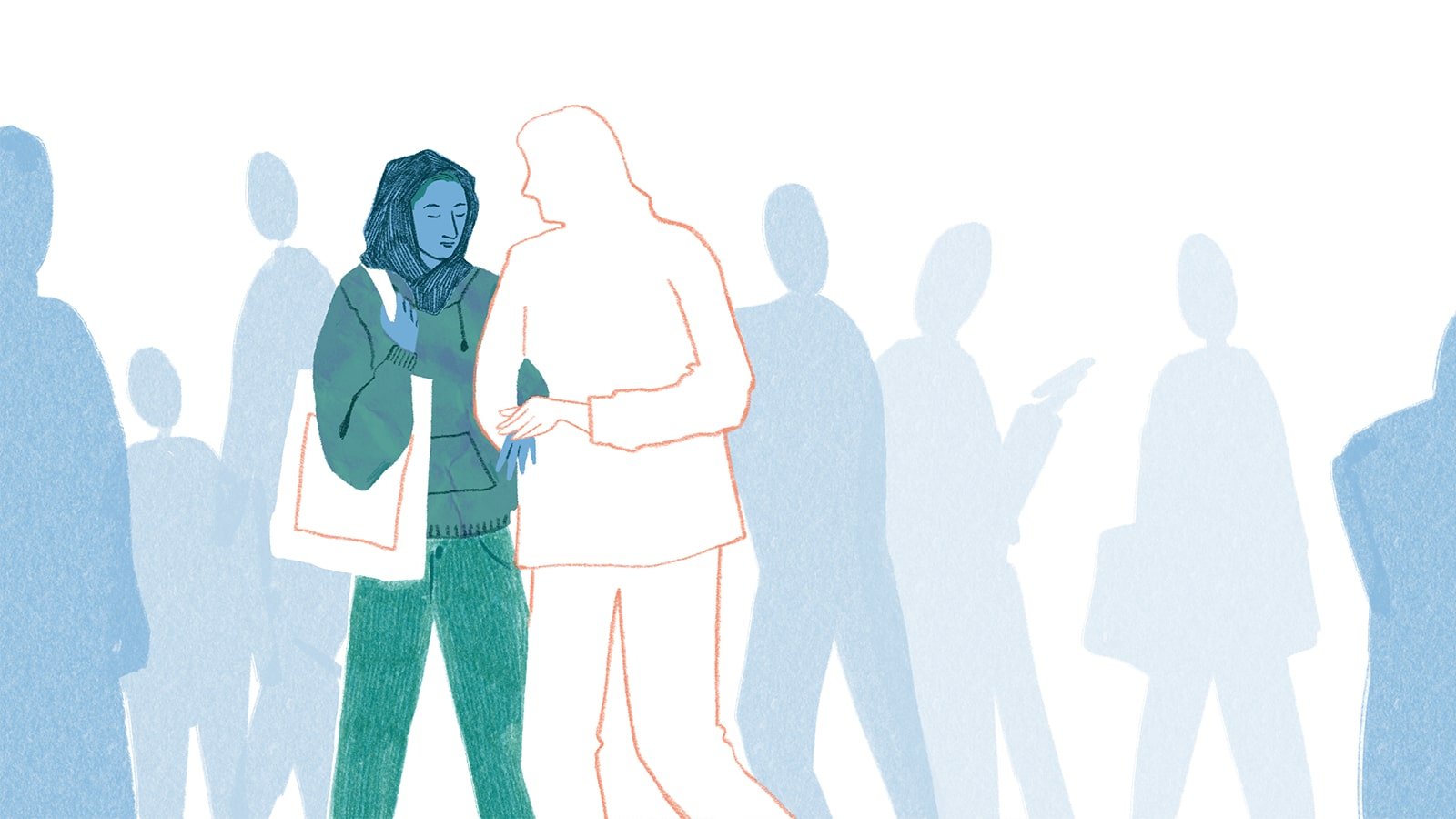 Illustration of two people linking arms in a crowd.