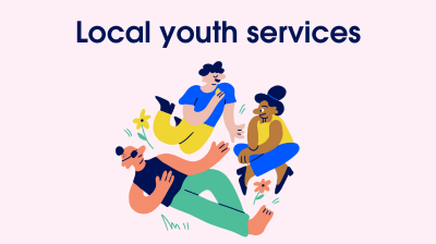 Illustration of group of young people talking with words local youth services