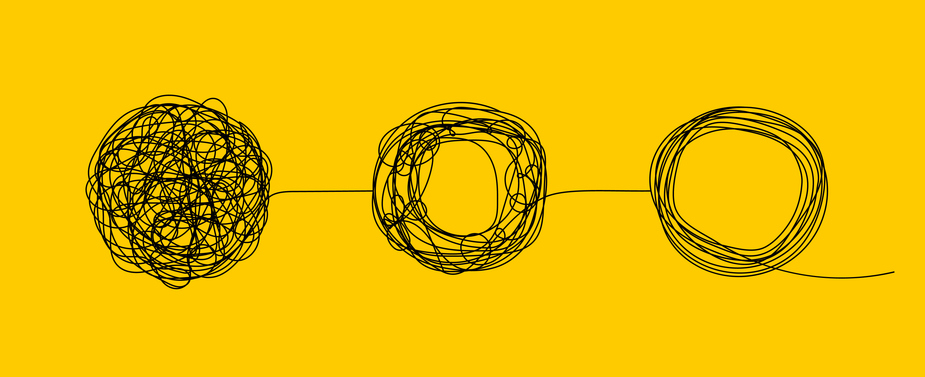 Illustration of a gradually unwinding ball of string, representing the untangling of the human mind.