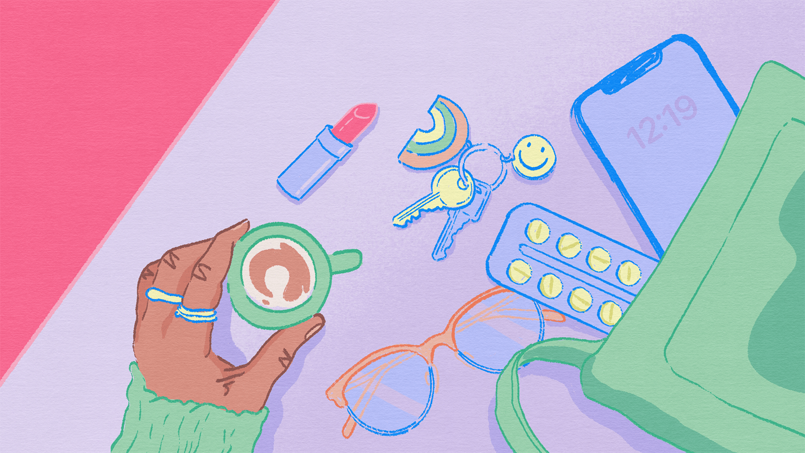 Illustration of the contents of a person's bag spilled onto a table, including keys, a phone, glasses, lipstick, and medication.