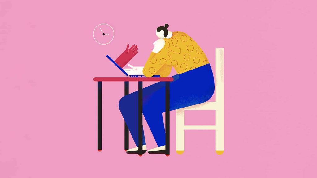 Illustration of a person sitting at a table looking at a laptop, with a hand emerging from the laptop screen.
