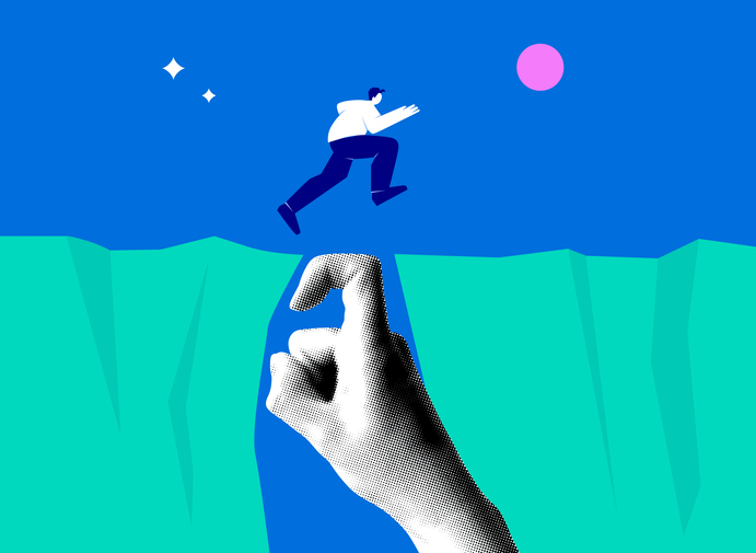 Picture collage of a person jumping over a gap between two cliffs bridged by a large hand.