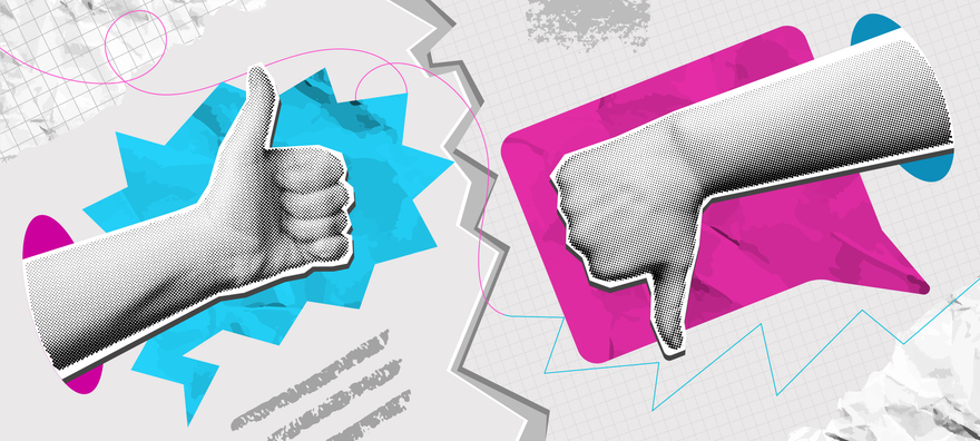Abstract illustration of thumbs up and down hand gestures with speech bubbles.