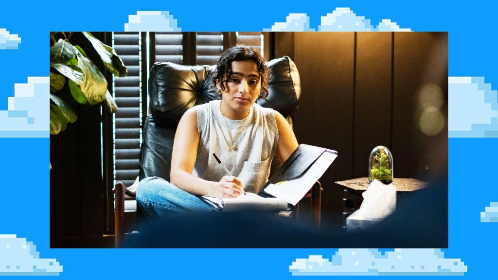 Illustrative image of a seated person writing in a notepad.